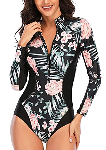 TOKX Women's One Piece Long Sleeve Bathing Suits UV Protection Rash Guard Swimsuit Monokini Swimwear Pink Flowers