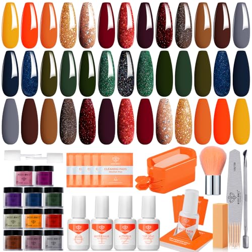 Modelones Fall Dip Powder Nail Kit 20 Colors, Orange Red Green Brown Glitter Dipping Powder Starter Set Base&Top Activator Liquid French Nail Art Salon DIY Kit Gifts for Women