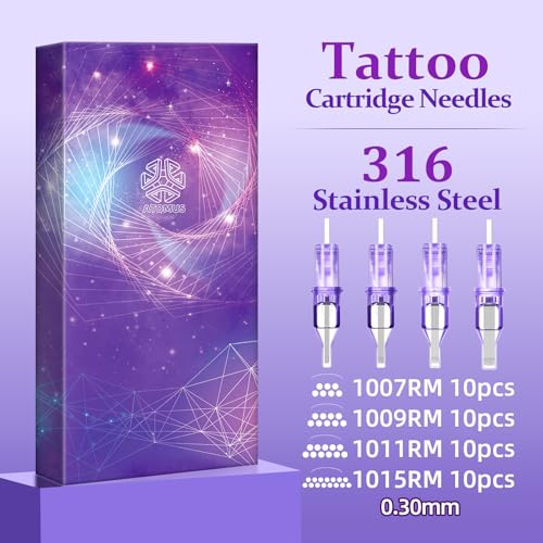 ATOMUS 40pcs Tattoo Cartridge Needles with 20pcs Silicone Ink Cups Size #10 RL RS RM Purple Round Liner Tattoo Needles for Tattoo Gun Pen Liner Pattern (7RM+9RM+11RM+15RM)