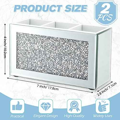 Tanlade 2 Pcs Mirrored Makeup Brush Holder Remote Holder, Mirrored Makeup Organizer with Crushed Diamond Crystals, Vanity Cosmetics Organizer Solution, Pencil Holder Organizer for Desk (3 Compartment)