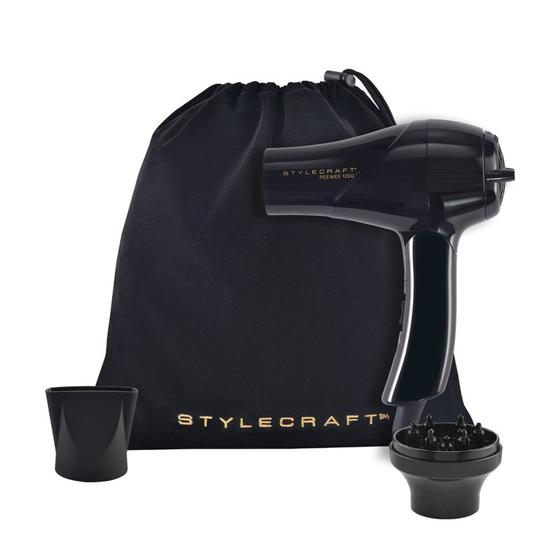 Peewee Travel Hair Dryer - Dual Voltage, Lightweight Ionic Turbo Motor | Includes Diffuser & Travel Bag, Black