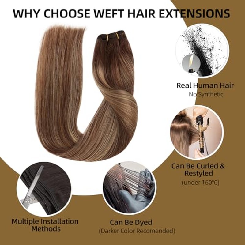 Sew in Hair Extensions Real Human Hair, 110g 20 inch Ombre Color 4/27/4 Balayage Chocolate Brown to Caramel Blonde Double Weft Weave Bundles Remy Human Hair Extensions Straight