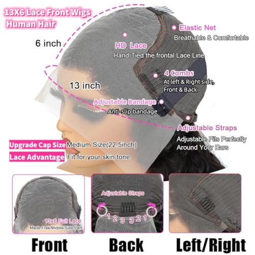 JTMMP 13x6 Deep Wave Lace Front Wigs Human Hair 200% Density 26 Inch Curly Human Hair Wig for Women Natural Black HD Transparent Lace Glueless Frontal Wigs Human Hair Pre Plucked