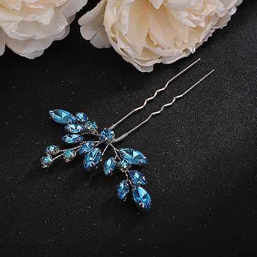 Teyglen 3pcs Rhinestone Hair Pins Set - Handmade Crystal Hair Pieces for Bride, Women, Girls (Lake Blue)