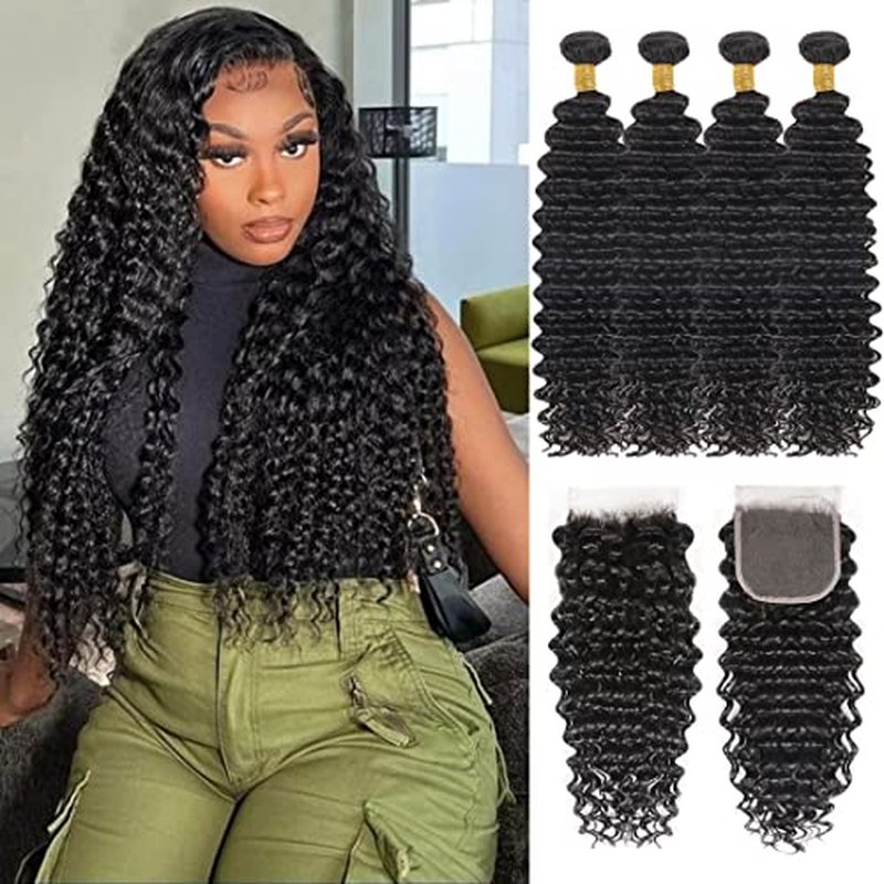 Deep Wave Bundles with Closure (12 14 16 18+10 Closure) Human Hair 4x4 Lace Closure with Baby Hair Pre Plucked Free Part Natural Color 4 Bundles and Closure 100% Unprocessed Brazilian Virgin Hair