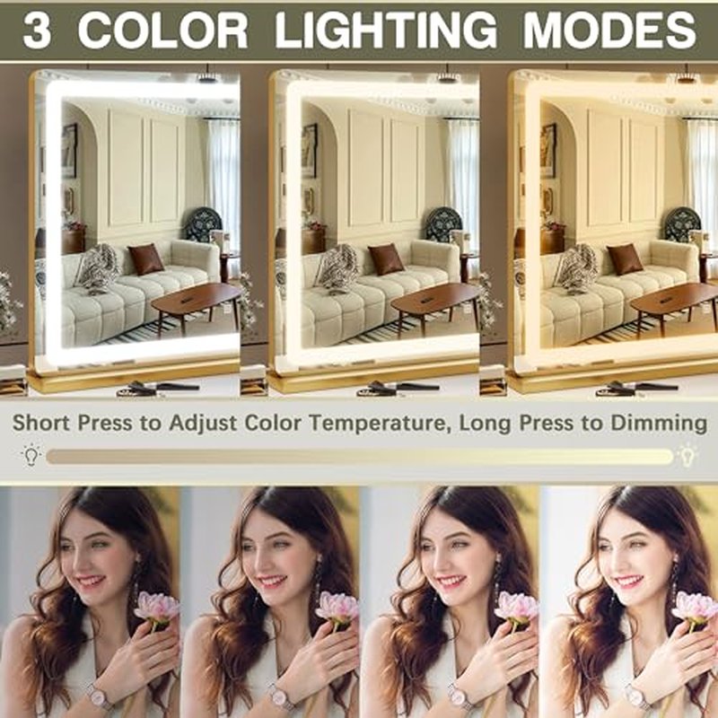 ROLOVE Gold Vanity Mirror with Lights, 32" x 22" Large Lighted Vanity Mirror with Dimmable 3 Modes, LED Makeup Mirror, USB Charging Port, Tabletop or Wall-Mounted