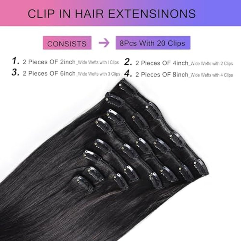 Clip in Hair Extensions Real Human Hair, 24 Inch 120g, 1B Natural Black, Invisible Seamless Straight Remy Human Hair Clip in Extensions for Women 8pcs Per Set with Double Weft