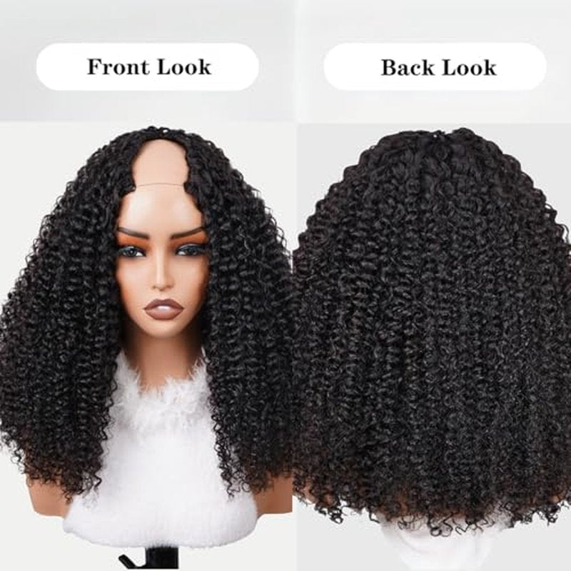 ISEE V Part Human Hair Kinky Curly Minimal/No Leave Out Upgrade U Part Wig for Black Women Human Hair V Shape Wig Kinky Curly Thin Part Glueless Clip In Half Wig 180% Density Natural Color 16 Inch