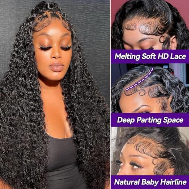 26 Inch 13x6 Deep Wave Lace Front Wigs Human Hair HD Transparent Lace Frontal Curly Wigs 200 Density Deep Curly Lace Front Wigs Human Hair Wig Pre Plucked Natural Color Deep Wave Wig