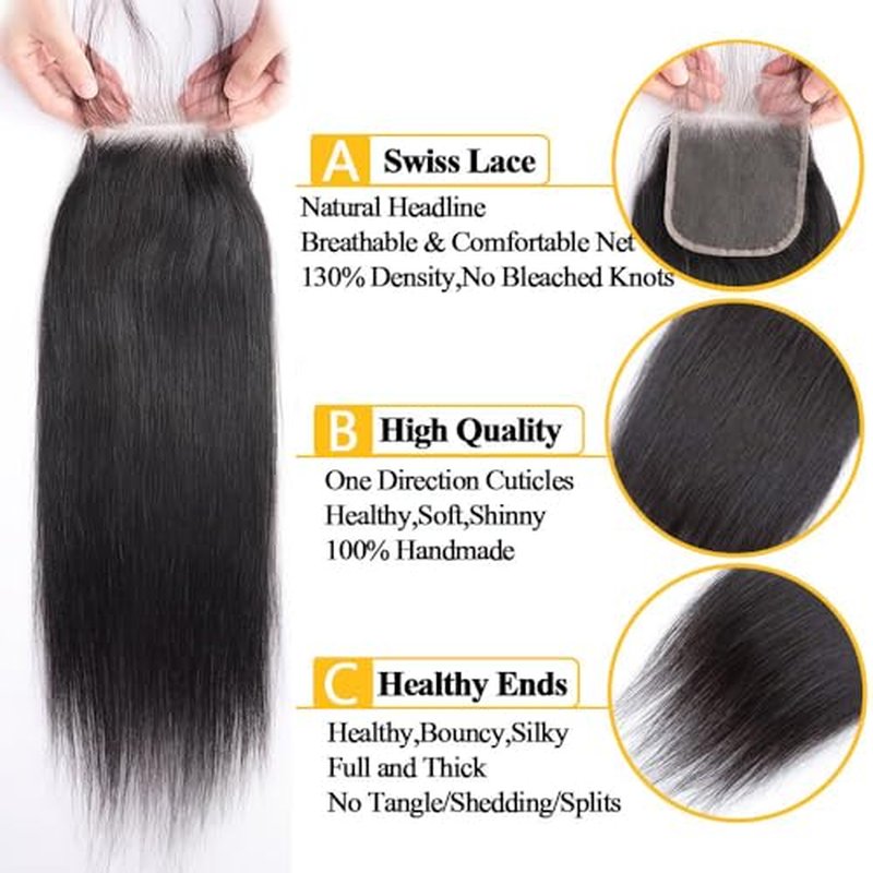 QTHAIR 16A Grade Straight Human Hair Bundles with HD Lace Closure(14" 14" 16"+12"Free Part Lace Closure,Natural Black) 100% Unprocessed Brazilian Virgin Hair Extensions
