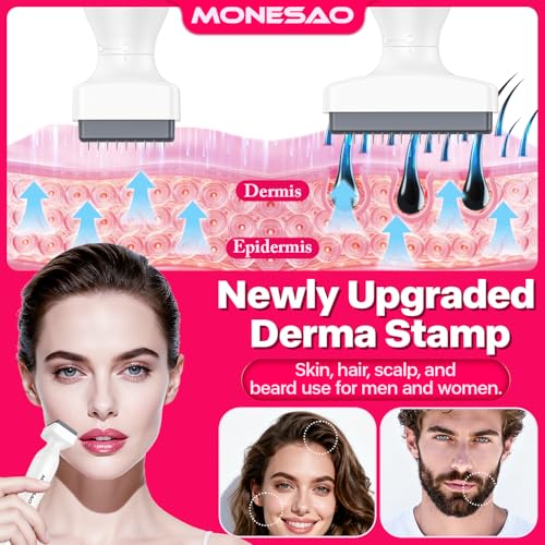 Derma Stamp, MONESAO Microneedling Stamp for Skin Face Hair Scalp Beard, Microneedle Dermastamp Tool with 2 Replacement Heads, Micro Needling Stamp Kit for Women and Men