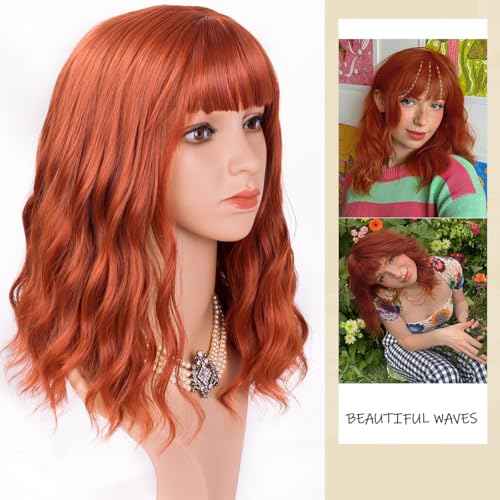 Auburn Bob Wig with Bangs Short Wavy Copper Red Wigs for Women Shoulder Length Burnt Orange Curly Bob Wigs Heat Resistant Synthetic Wigs for Halloween Cosplay Daily Party Use 14 Inch