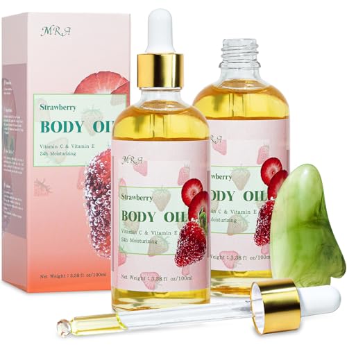 MR.A 2 Pack Strawberry Body Oil Juice Scented, Vitamin E Body Oil after Shower, Strawberry Shortcake Body Moisturizer Bath Oil for Dry Skin, Guasha Oil with Guasha Tool
