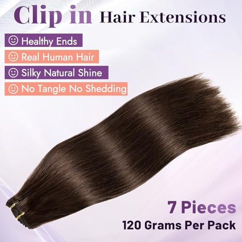 Clip in Extensions Real Human Hair Dark Brown Remy Lace Weft 18 Inch 7PCS 120g for Women