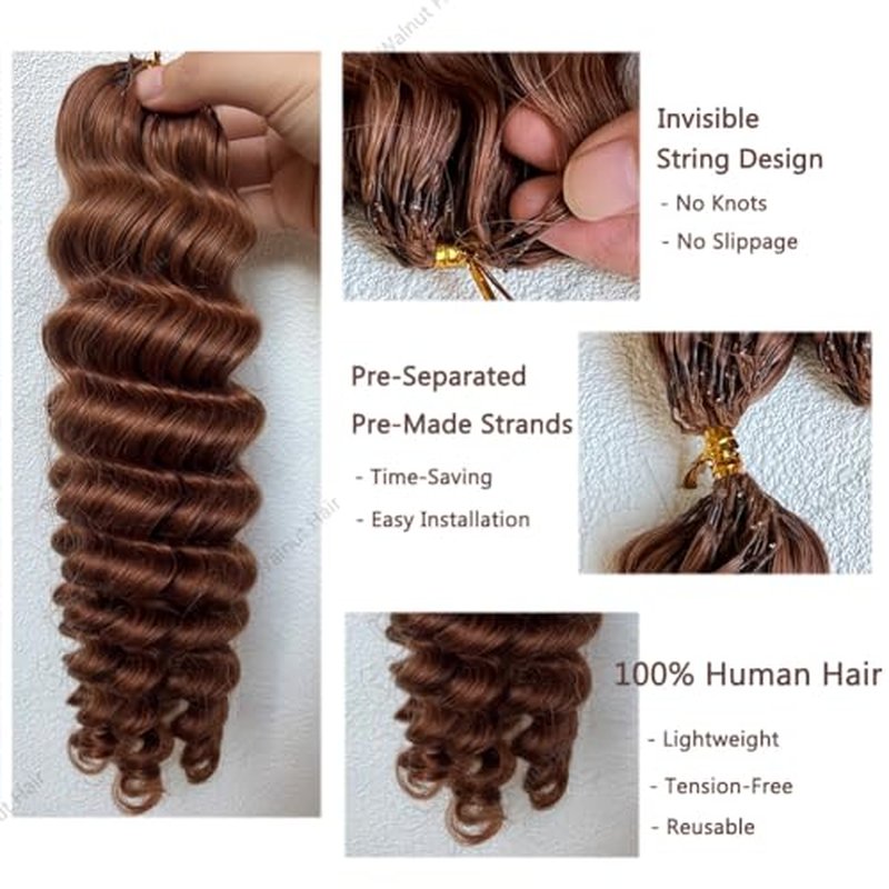 Deep Wave Crochet Human Hair Extensions Brazilian Virgin Feather Human Hair Bundles Pre Separated Braiding Hair Pre Looped for Boho Braids For Black Women Walnut Hair #30 Hair Color 20inch 60g