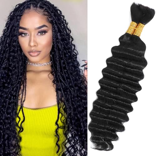 Human Braiding Hair for Boho Braids 18 Inch Natural Black Deep Wave Bulk Human Hair for Braiding 2 Bundles 100g 12A Virgin Curly Human Hair for Boho Knotless Braids (#1B,18Inch)