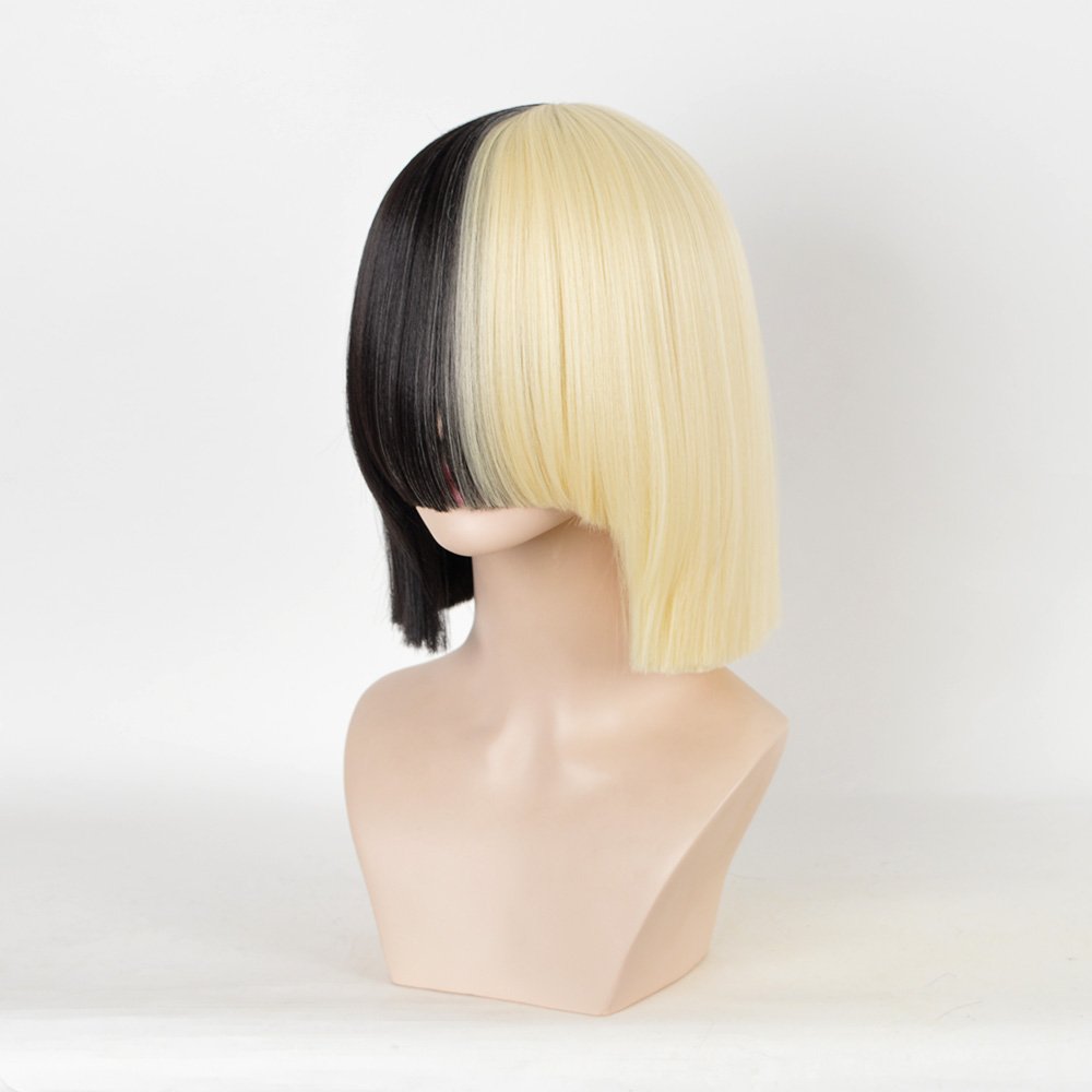 SiYi Half Blonde Black 2 Tone Short Straight Bob Wig Synthetic Full Wigs Should Length Cosplay Wigs with Bangs for Women Girls