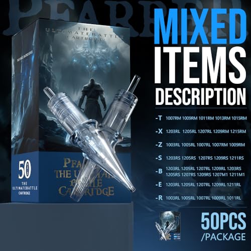 PFARRER Tattoo Cartridge Needles Assorted Bugpin Tattoo Needle Cartridge Assorted 50pcs (1003RL 1005RL 1007RL 1007RM 1009RM) Round Liner/Round Magnum 0.3mm RL+RM Tattoo Supplies EN01P-50KIT-Z