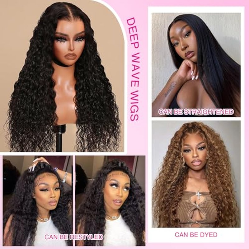 CHEETAHBEAUTY Deep Wave 13X6 HD Transparent Lace Front Wigs Human Hair Brazilian 10A Grade Deep Curly Human Hair Wigs for Black Women Pre Plucked with Baby Hair Natural Black 250% Density(16inch)
