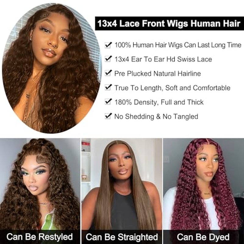 26 Inch Chocolate Brown Deep Wave Lace Front Wigs Human Hair 220 Density 4# 13x4 HD Lace Frontal Wigs Curly Human Hair Brown Glueless Wig For Women Pre Plucked with Natural Hairline