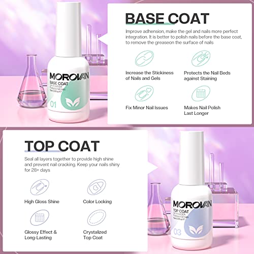 Morovan Dip Powder Liquid Set with Activator Base Top Coat and Dipping Powder Brush Saver 4pcs 0.5oz for Dip Nail Kit