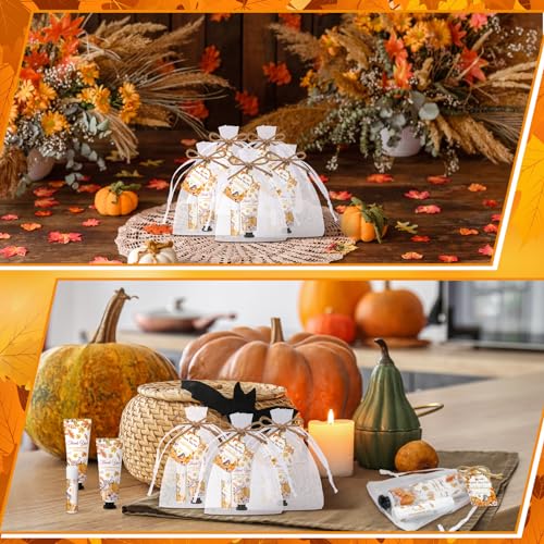 48 Sets 192 Pcs Thanksgiving Pumpkin Hand Cream and Lip Balm Fall Party Favors Gifts for Guests Pumpkin Bridal Baby Shower Wedding Party Favor with Thank You Card Organza Bags Travel Size