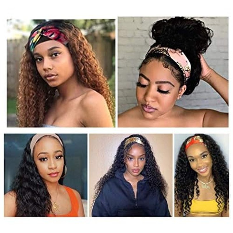 Rebasar Curly Headband Wig 24 Inch Deep Wave Human Hair Wigs for Black Women Glueless No Lace Front Wigs Human Hair Headband Wig Wear and Go Brazilian Virgin Hair Black Curly Wig