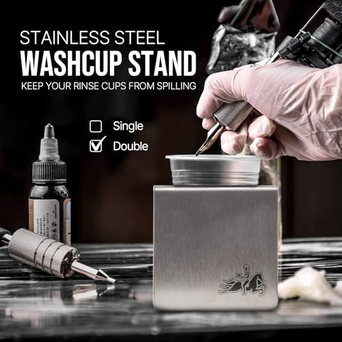 Tattoo Rinse Cup Stand?316 Stainless Steel Tattoo Double Cup Holder for Tattoo Needle Washing,Anti-Spill Tattoo Water Cup Stand, Essential Tattoo Supplies for Tattoo Artists (Double)