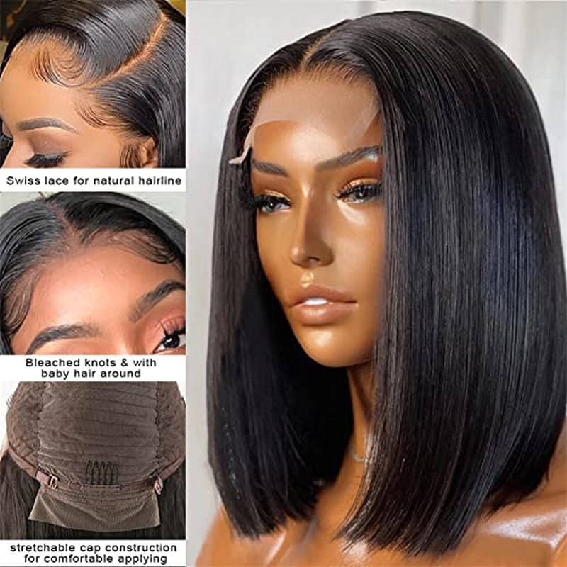 CHUDI 4x4 Bob Closure Wigs Human Hair 180% Density Glueless HD Lace Straight Bob Wigs Pre Plucked Natural Hairline Unprocessed Brazilian Human Hair for Women 14 inch