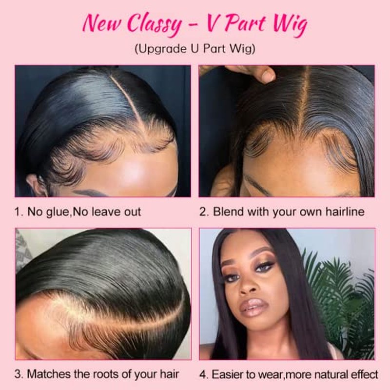 V Part Wigs Straight Brazilian Virgin Human Hair Wigs for Black Women Upgrade U Part Wig Glueless Full Head Clip In Half Wig V Shape Wig No Leave Out 180% Density Natural Color 20"