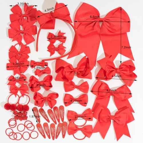 50PCS Red Hair Accessories Set - Grosgrain Ribbon Red Bows,Hair Clips,Hair Ties,Headbands, Uniform Hair Bows Accessories for Little Toddler Kids School Girls
