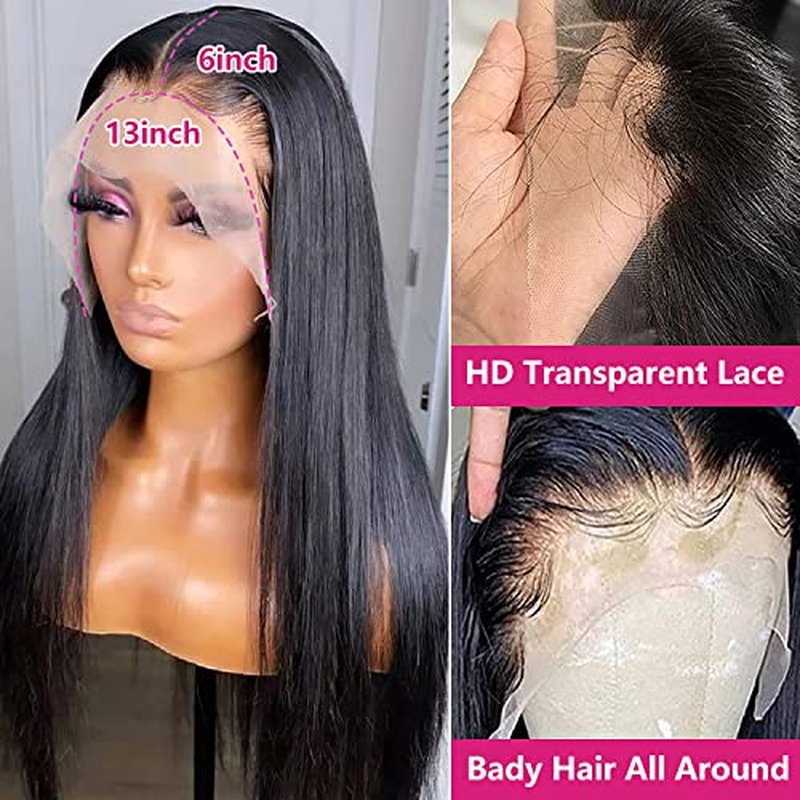 13x6 Lace Front Wigs Human Hair 180 Density Straight HD Transparent Lace Front Wigs for Women Human Hair 13x6 Full Lace Frontal Wigs Pre Plucked with Baby Hair Natural Color (22 Inch)