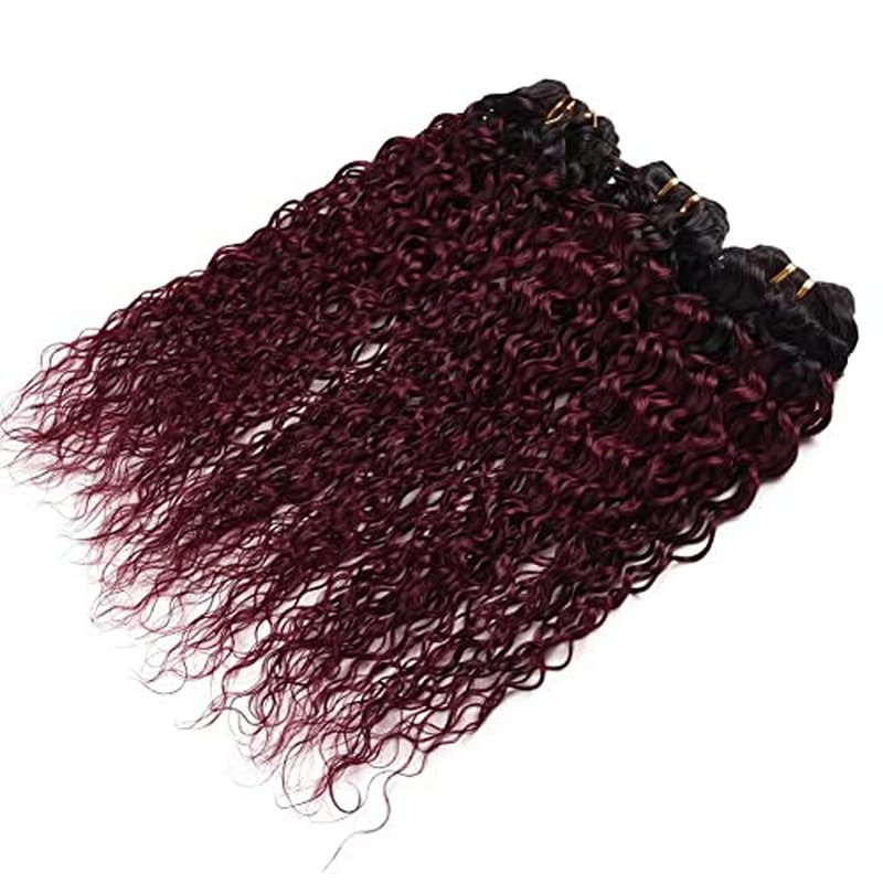 FEEL ME Ombre Brazilian Hair Weave Bundles Water Wave Human Hair Bundles 8A Mink Unprocessed Brazilian Water Wave Virgin Hair Bundles 3Pcs 1b/99j Black to Burgundy Ombre Hair Extensions(14 16 18)