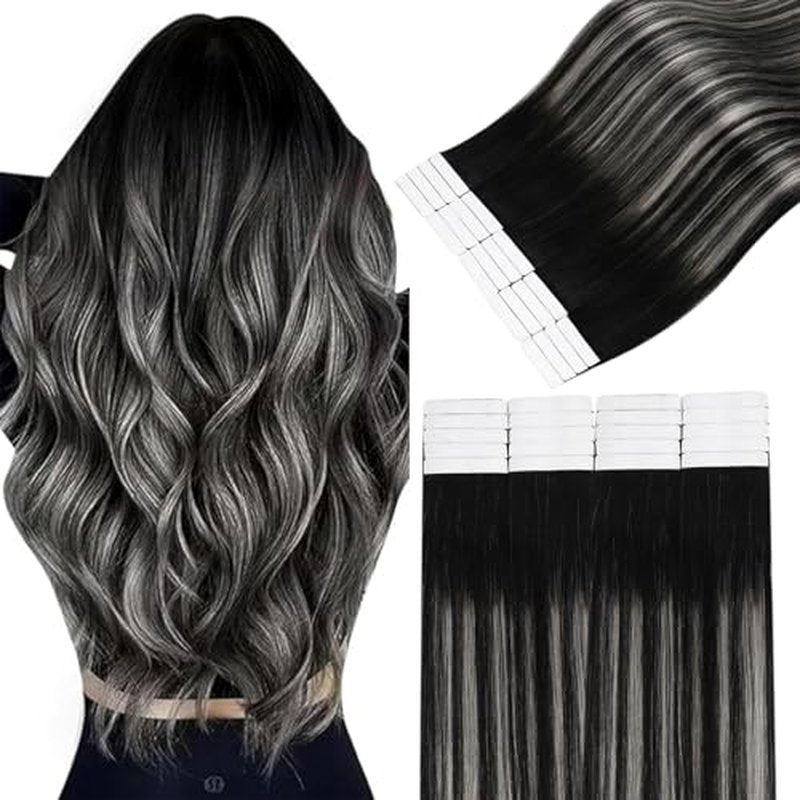 Easyouth 24 Inch Tape in Hair Extensions Human Hair Ombre Human Hair Tape in Extensions Off Black Fading to Silver Mixed Natural Black Hair Extension Tapes in 50g 20pcs