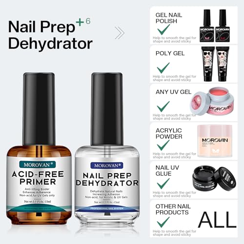 Morovan Professional Natural Nail Prep Dehydrate and Acid-Free Primer, Dehydrator for Acrylic and Gel Nail Polish, Non Acid Primer for UV Gels Fast Dry Superior Bonding Agent Gift Box Set