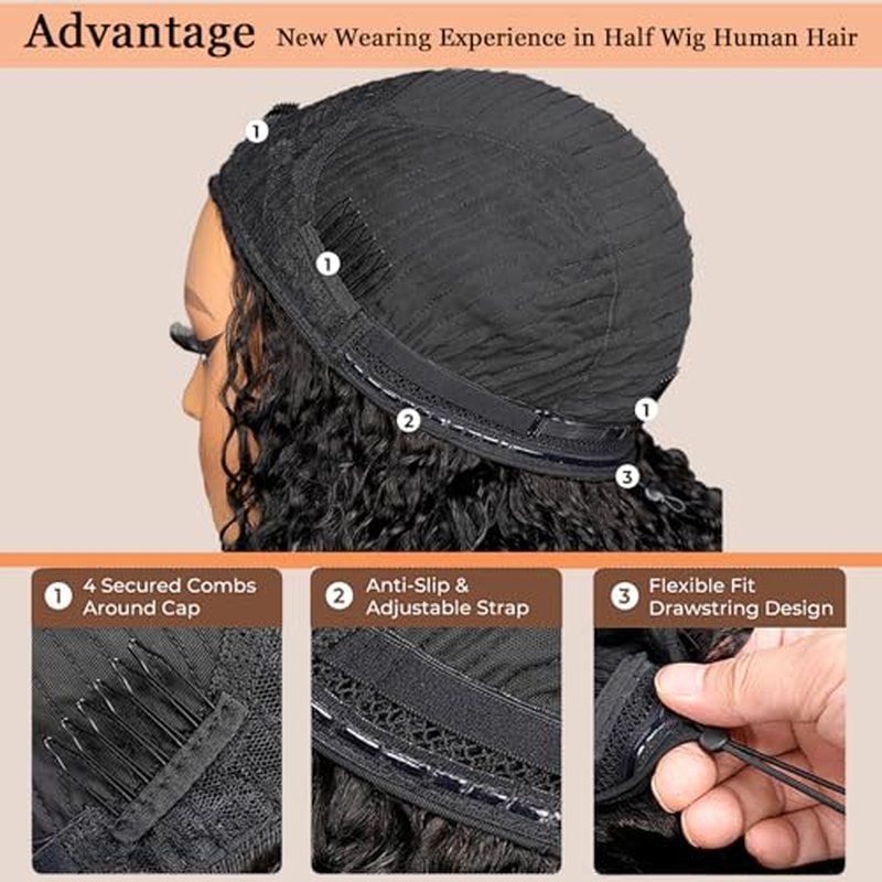 MISSJAY Curly Half Wig Human Hair Kinky Curly Wear and Go Glueless Wigs 200% Density 3 In 1 Seamless Flip Over Half Wigs Human Hair Beginner Friendly Drawstring Headband Wig for Women 20 Inch