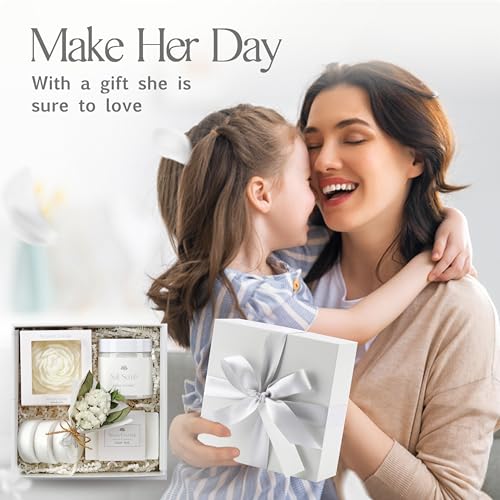 Sweet Coconut Small Spa Gift Set for Women ? Relaxation Gift Basket with Candle, Soap, Salt Scrub & Shower Steamers ? Unique Birthday, Bridal Shower, Christmads, Thank You & Self Care Gifts