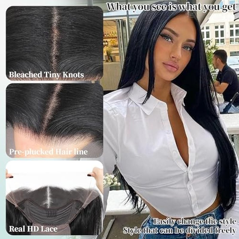 Synthetic Lace Front Wig 13x4 HD Lace Layered Hairstyle Pre Plucked Hairline Straight Long Black Glueless Wigs for Black Women 26 Inch Beginner Friendly