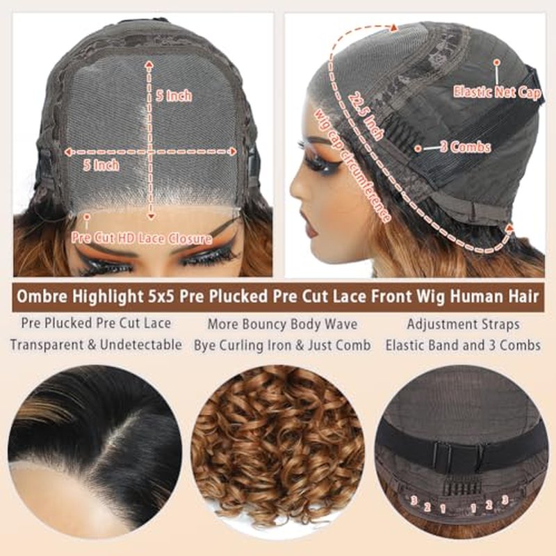 1B/30 Lace Front Wigs Human Hair Highlight Ombre 5x5 Pre Cut Lace Front Wigs Human Hair Dark Root to Brown 5x5 HD Lace Closure Wigs Glueless Bouncy Body Wave Lace Frontal Wigs 180 Density 20 Inch