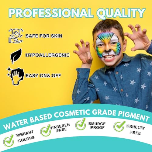Bowitzki Face Paint Kit with 54 Colors, 8 sheets Stencils, 2 Glitters,10 Brushes, 1 Sheet Gems, Water Based Face Painting Kit, Safe Professional Halloween Party Makeup Set