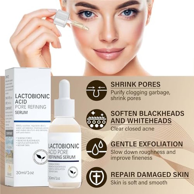 Lactobionic Acid Pore Refining Serum,Minimize Pores Serum Gentle Formula Clean Pore Shrink Pore Firming Skin Reduce Fine Lines Facial Liquid for All Skin