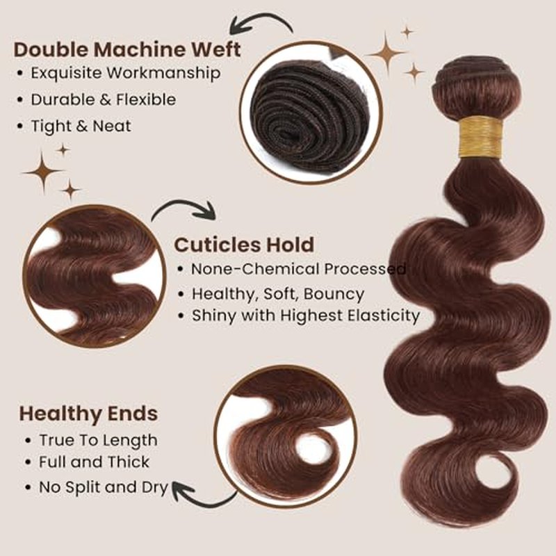 ALHER Chocolate Brown Body Wave 3 Bundles Human Hair, 12A Color #4 Dark Brown Colored Sew In Weave Wavy Bundles, 100% Unprocessed Virgin Remy Hair Soft Thick 12 14 16 Inch