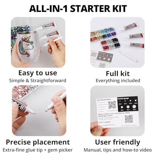 b7000 Glue with 7500Pcs Silver Clear Rhinestones for Crafts Clothes Clothing Fabric, Shiny Flatback Crystals Gems for Crafting Shoes Shirt, Flat Back Diamonds Set Badazzle kit Jewels 2-5mm 4 Sizes Mix