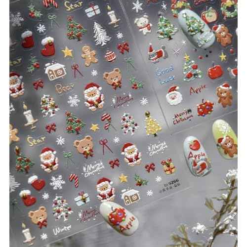 1 Sheet Christmas Nail Sticker Self- Adhesive Nail Decals with Cute Snowman Candle Snowflake Bow Elk Santa Claus Design Xmas Nail Art Stickers for Women Winter Holiday Nail Sticker