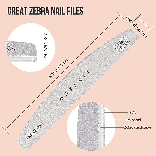 Makartt Nail File: 100/180 Grit Emery Boards for Nails, 10 Pcs Zebra Doubled Sides Coarse Fingernail Filer for Acrylic and Extension Gel Removal Manicure Kit Salon Home Use