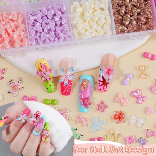 600 Pcs Bow Nail Charms Kit, 3D Mix Color Bowknot Nail Art Charms Soft Hibiscus Flower Nail Charms Flatback Pink White Butterfly Accessories for Nails Design with Tweezers for Women DIY Crafts