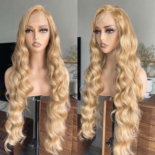 Honey Blonde 13x6 Lace Front Wig 32 Inch Loose Wave Brown Mixed Color Glueless Synthetic Pre Plucked for Black Women HD Lace 150% Density Long