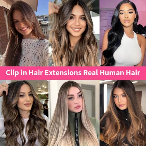 Clip in Hair Extensions Real Human Hair Chocolate Brown Hair Extensions Clip in Human Hair 8 Pcs 120g Straight Remy Hair Extensions(4,14inch)
