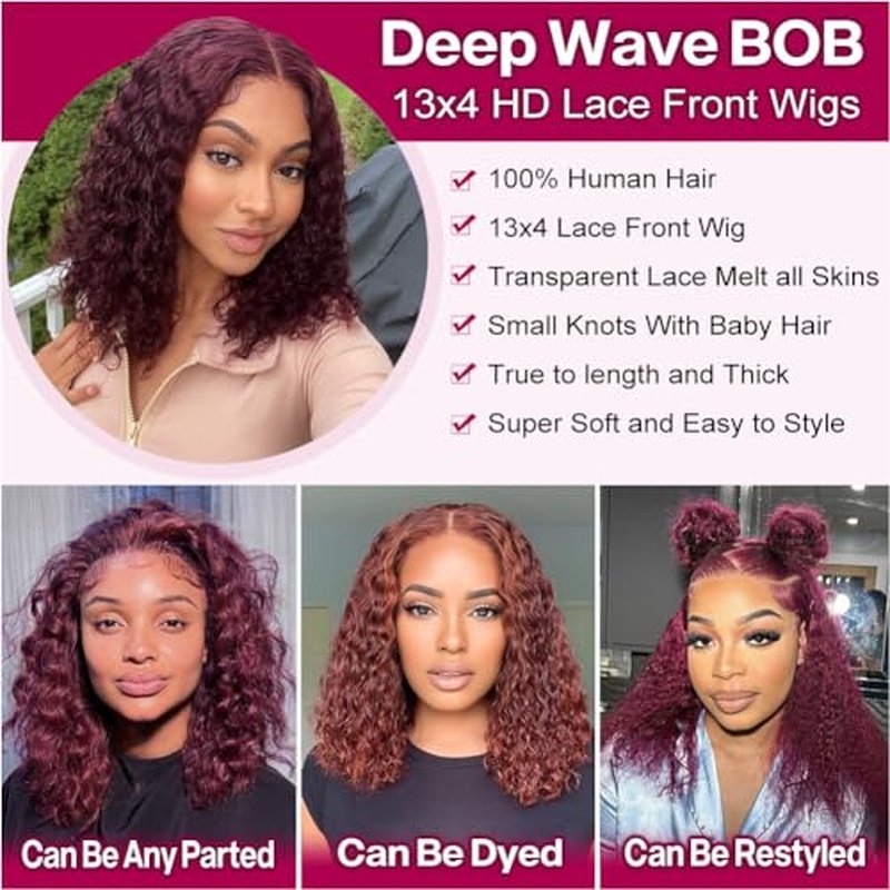Hihmarm 99j Burgundy Deep Wave Lace Front Wigs Human Hair 13x4 HD Lace Frontal Wigs For Black Women Burgundy Lace Front Wigs Human Hair Pre Plucked 180% Density Red Curly Glueless Wig 16 Inch
