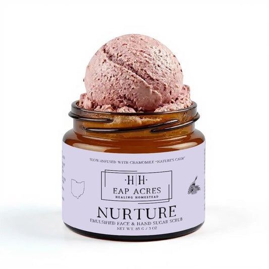 Emulsified Face Sugar Scrub, Organic squalane oil/Castor oil: infused Chamomile, Kokum Butter, Purple Clay, Colloidal Oatmeal, Manuka Honey-Gentle exfoliant: Dry/Sensitive/Acne-Prone (NURTURE)